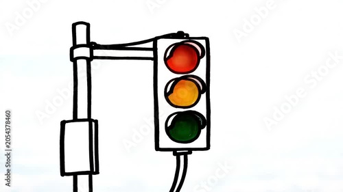 Child's drawing of a classic three-section street traffic light that is flashing