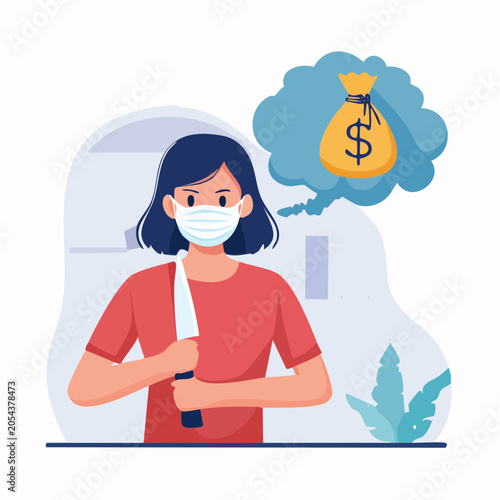 Woman in mask holding knife, thinking about money bag