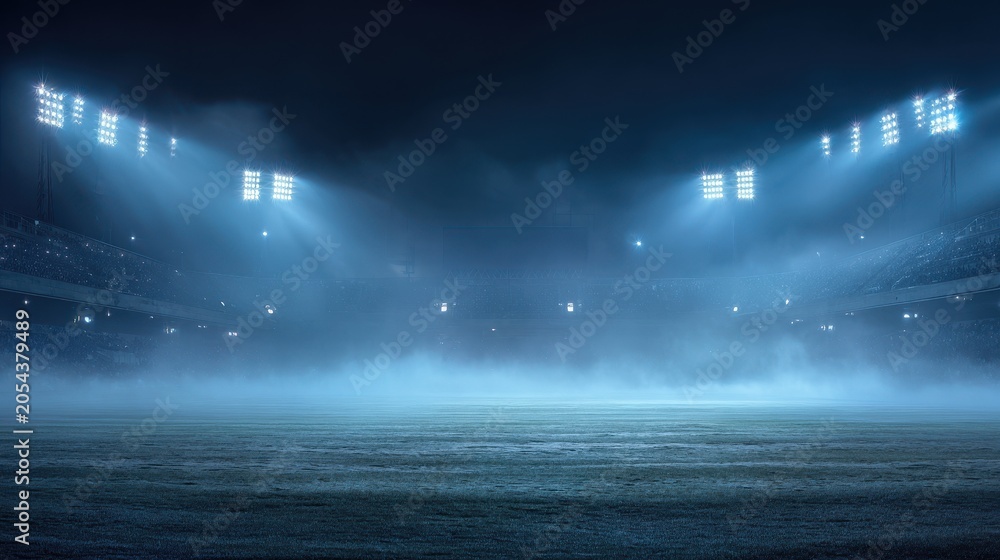 Fototapeta premium Stunning photo of dramatic view of an empty soccer stadium at night with bright floodlights and thick blue fog over the grass field.