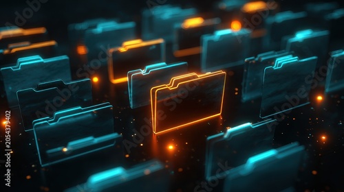 Stunning photo of digital Glowing Folders on a Dark Background Representing Data Storage and Network Security.