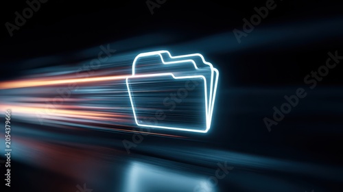 Stunning photo of fast data transfer and cloud storage concept with glowing digital folder icon moving through light streaks on dark background.