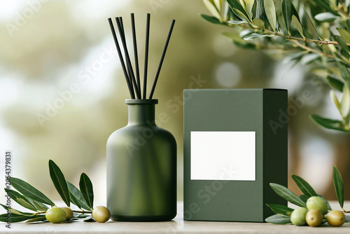 Elegant reed diffuser with packaging box with blank label and olive accents - perfect for luxury home fragrance branding and packaging design