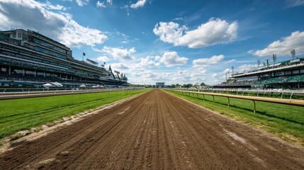 Stunning photo of horse racetrack with a well-maintained dirt track, surrounded by green grass, grandstands, and a vibrant atmosphere, capturing the excitement and tradition.