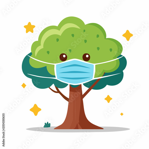 Cartoon Tree Wearing a Medical Face Mask
