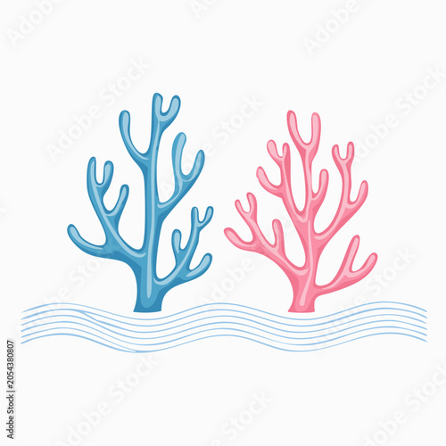 Two Cartoon Corals in Blue and Pink with Water Waves