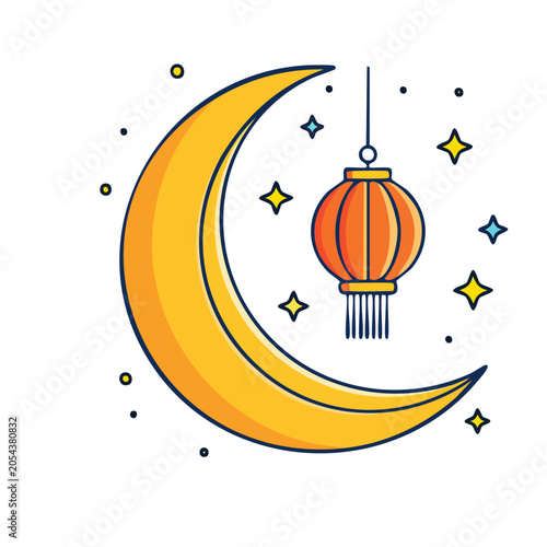 Yellow Moon Lantern with Stars Flat Illustration