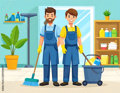Two uniformed people with brooms and cleaning supplies, posed indoors with a plant and window in the background