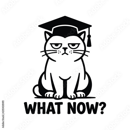 Canvastavla Grumpy cat wearing graduation cap vector, funny student cat with what now text,