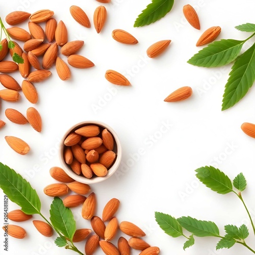 Top view of almonds in a small bowl with fresh green leaves on white background