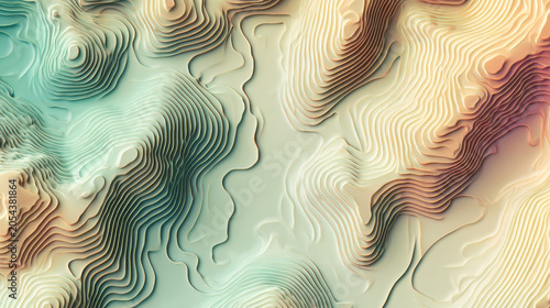 Abstract topographic map background with layered paper cut effect in pastel colors. Modern 3D terrain illustration blending artistic design and geographic inspiration for creative projects