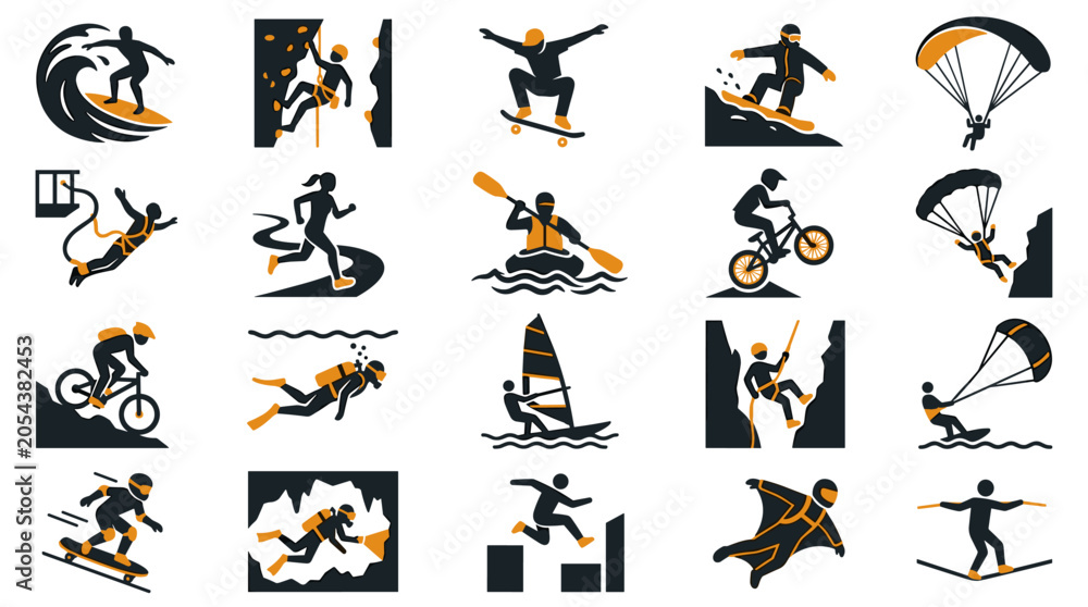 Obraz premium Dynamic Extreme Sports Icons Collection Featuring Thrilling Activities and Outdoor Adventures Graphic Set