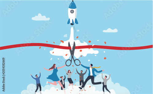 Launching company start new business, begin entrepreneur business or enterprise company founder, corporate or startup rocket project, businessman cutting ribbon to start company rocket launching
