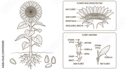 Schilderij op canvas Sunflower plant anatomy and flower head cross section set.