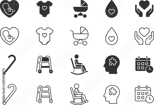 20 icon set editable stroke and filled minimal vector illustrations for pregnancy newborn care and pediatric health