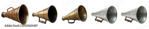 Tableau sur toile Vintage Megaphone Set: Antique Brass and Silver Metallic Acoustic Horns with Handles in Various Angles, Isolated on White Background for Communication and Retro Design