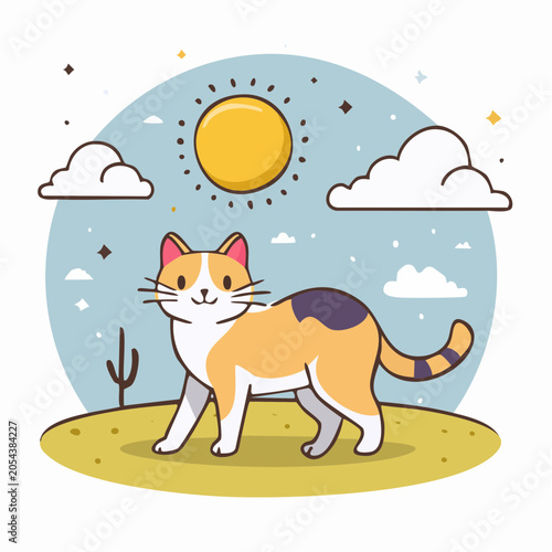 Cute Calico Cat in a Sunny Desert Landscape