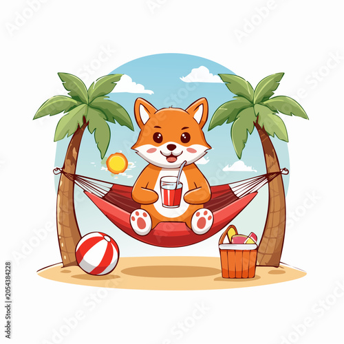 Cute Fox Relaxing in Hammock on Tropical Beach