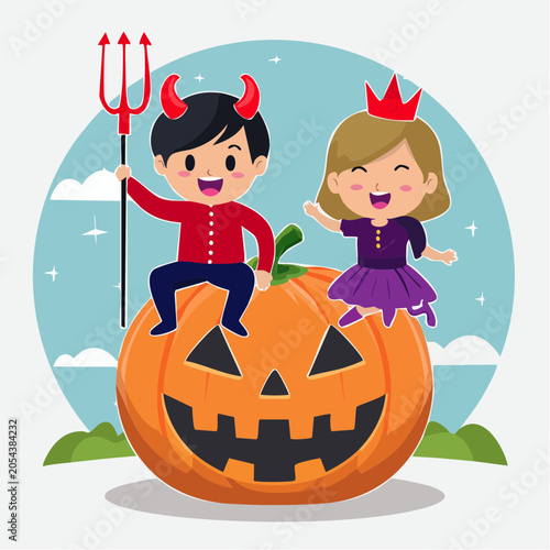 Cute Halloween Kids on Pumpkin