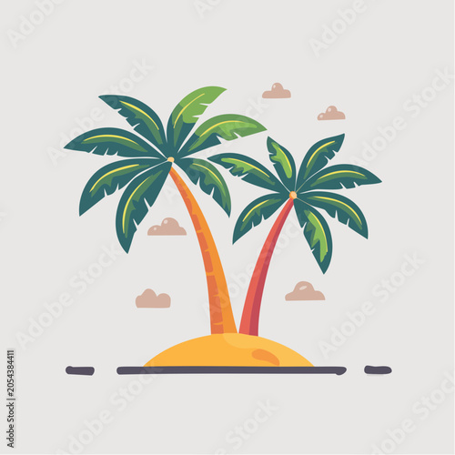 Stylized illustration of two palm trees on a small island with clouds
