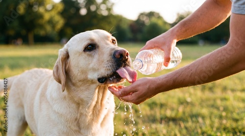 Konstfotografi Caring Owner Giving Water to a Thirsty Pet Dog During a Hot Summer Walk Outdoors
