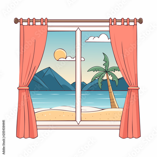 View of a Tropical Beach Through a Window