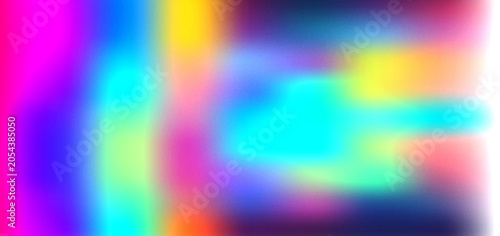 Grainy noisy textured abstract background featuring a vibrant holographic gradient with blurred neon light colors and soft light leaks for modern digital design