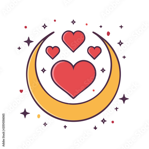 Moon and Hearts Flat Vector Illustration