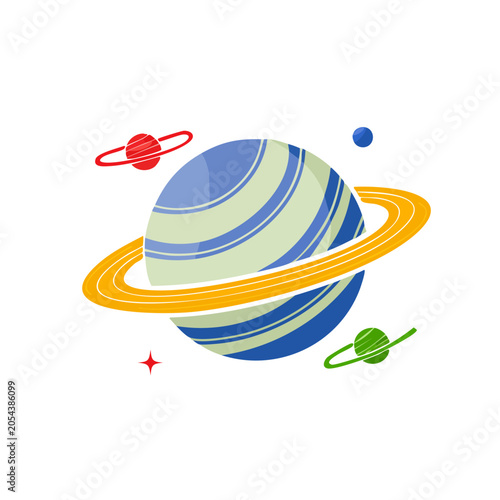 Planet with Rings and Stars Flat Illustration
