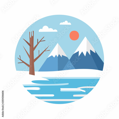 Flat illustration of a winter mountain landscape with a frozen lake