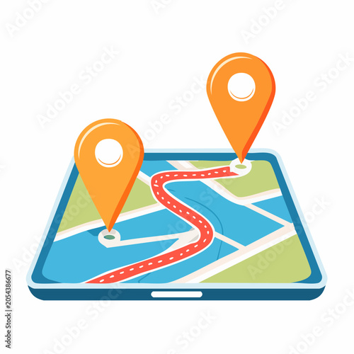 Navigation Map with Route and Location Pins