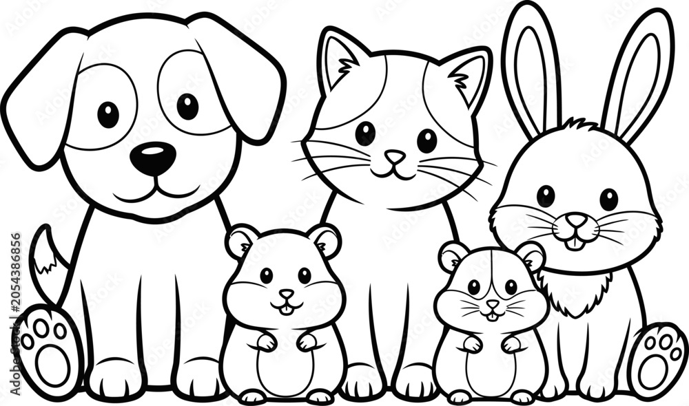 Fototapeta premium Cute animal friends coloring page for kids dog cat bunny hamster and gerbil