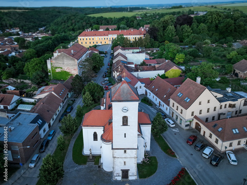 Aerial view of Belcredi Castle and Lisen Church at twilight, Brno, Czech Republic