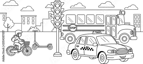 City transportation coloring page taxi bus bicycle and scooter for kids and adults
