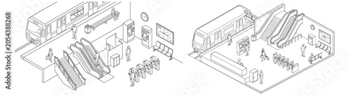 Isometric Line Art Train Station Interior With Subway Platform, Escalators, Ticket Machines and Passengers