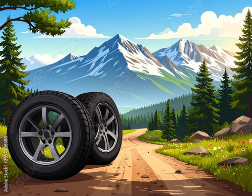 Two vehicle wheels sit on a dirt path with mountain scenery and evergreens. The sun shines brightly