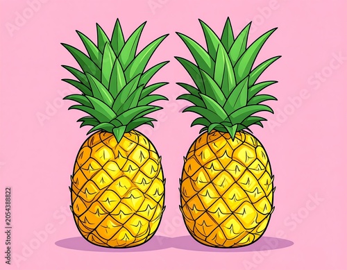 Two vibrant, cartoonish pineapples stand tall against a soft pink backdrop, side by side. Each fruit has a bright yellow body and green crown