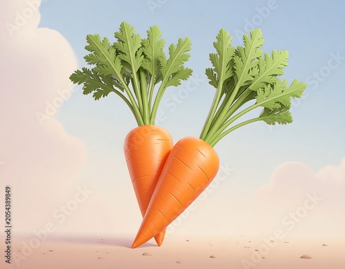 Two vibrant, cartoon-style carrots with lush green tops, standing upright on a sandy ground with a soft sky background