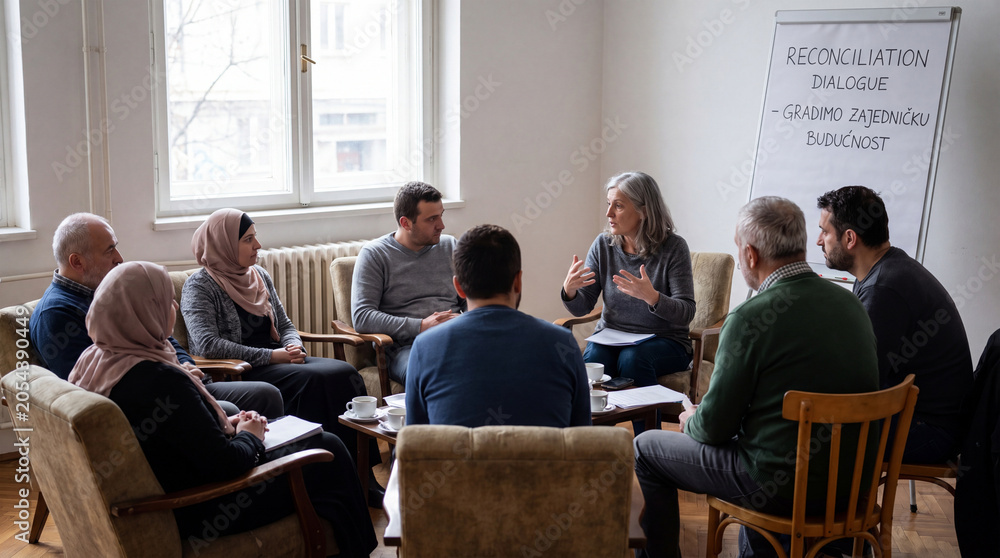 Obraz premium Group discussion in bright meeting room with diverse participants engaged in reconciliation dialogue