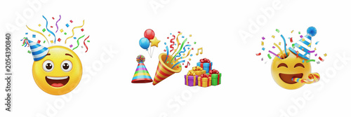 Isolated Party Popper Confetti Gifts Set 3D Illustration Transparent Background Birthday Celebration Festival Holiday Event Congratulations Graphics High Resolution Commercial Microstock Clip Art Desi