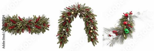 Isolated Christmas Evergreen Garland Arch 3D Illustration Transparent Background Winter Holiday Pine Wreath Red Berries Golden Baubles Decoration Graphic High Resolution Commercial Microstock Clip Art