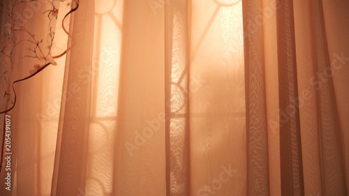 Summer solstice bathes the room in a magical light. Soft rays of sunlight stream through a sheer, transparent curtain, diffusing into a warm, golden glow that fills the cozy bedroom. Atmospheric mood