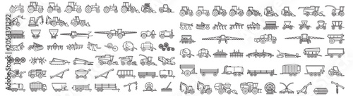 Agricultural Machinery Icon Set - Tractors, Harvesters, Implements and Farm Equipment Line Icons