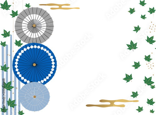 Foto Japanese umbrellas arranged vertically with green maple leaves and decorative cl