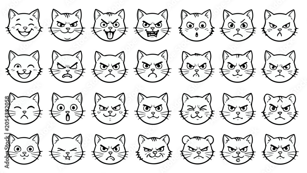 Fototapeta premium Cat faces showing various emotions and expressions isolated on a white background for creative design projects.