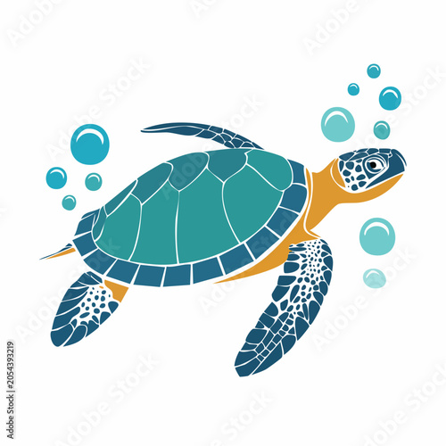 Stylized Sea Turtle Swimming with Bubbles