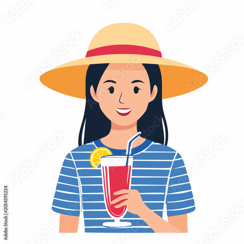 Woman in Sun Hat Holding a Refreshing Drink
