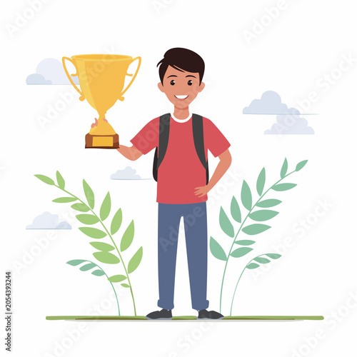 Young person holding a golden trophy with a backpack