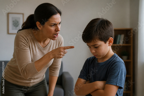 Mother scolding upset child in residential living room