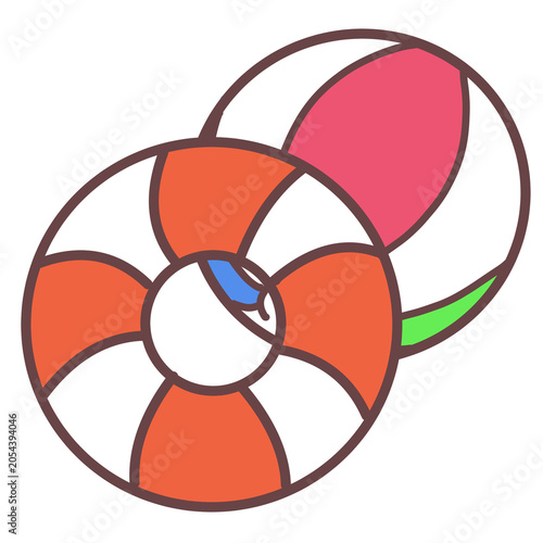 Cute orange swim ring and pink beach ball summer set flat cartoon vector illustration kawaii clip art