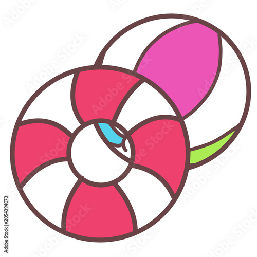 Cute pink swim ring and magenta beach ball summer set flat cartoon vector illustration kawaii clip art